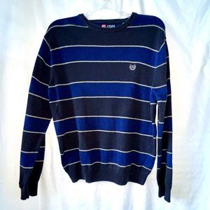 Men's Chaps Cotton Crew Neck Sweater, Size Large, Striped Shades of Blue, EC!